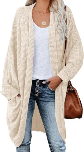 ZoeAce Womens Open Front Knit Cardigan Long Batwing Sleeve Oversized Sweater Chunky Waffle Cable Boho Pockets Coat